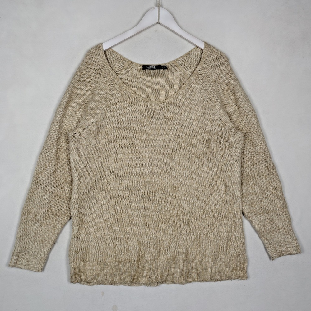 Lauren Ralph Lauren Tan Marl V-Neck Cotton Blend Raglan Sweater XL
